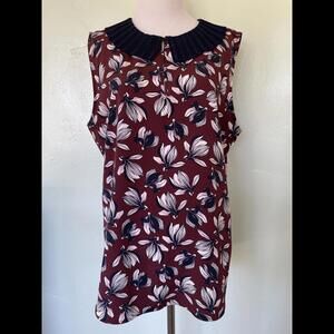 Ann Taylor Maroon Navy Blue Floral Sleeveless Blouse Large L 15-0052